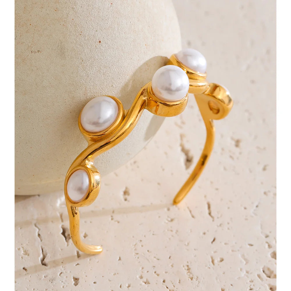 Stainless Steel Simulated Pearls Open Cuff Bracelet EMVE Jewels