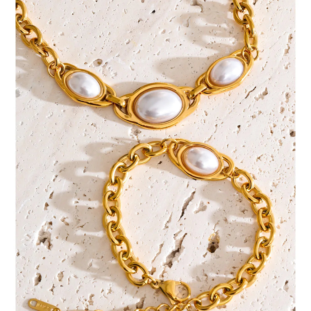 Vintage Simulated Pearls Chain Necklace and Bracelet Set EMVE Jewels