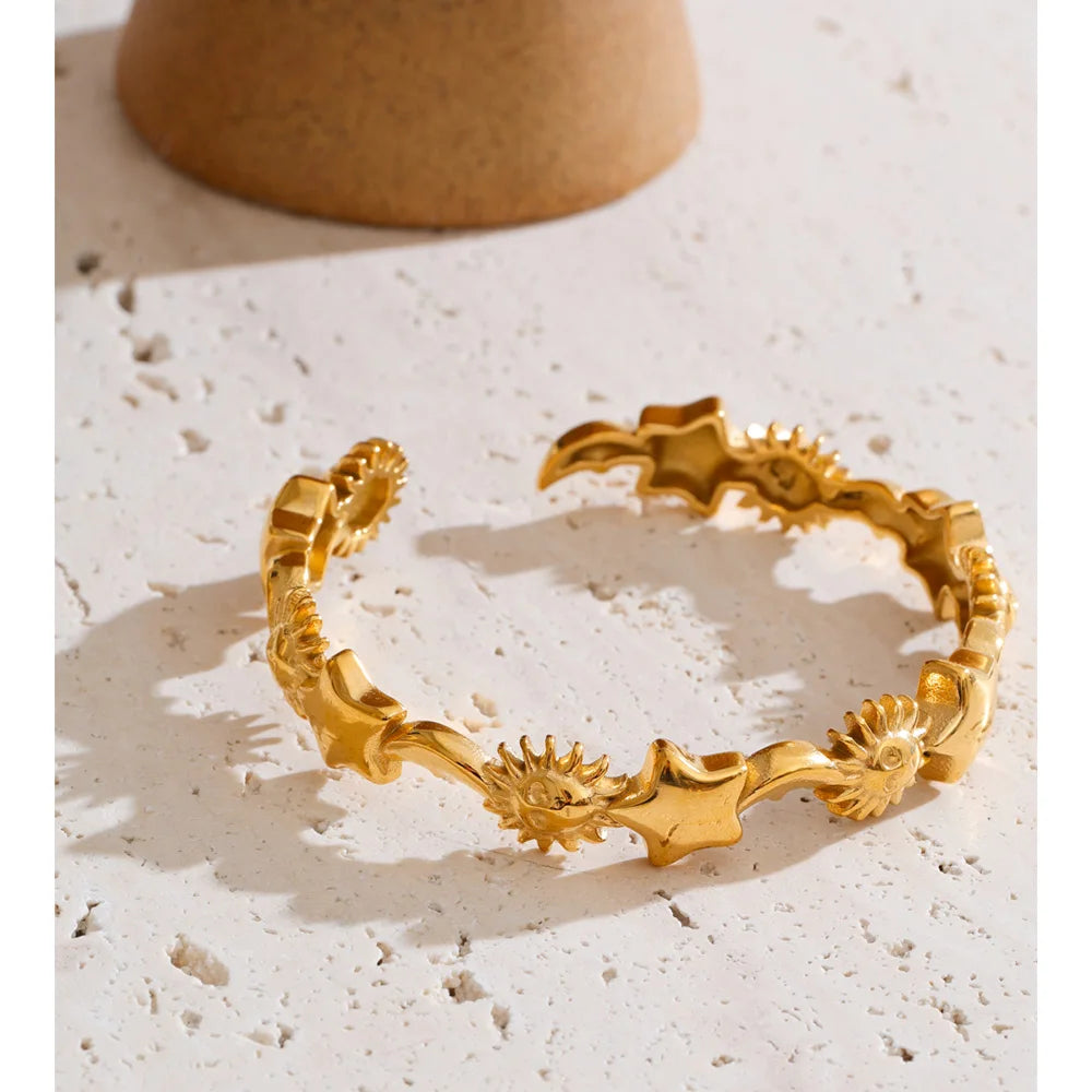 Stainless Steel Stars Moon Sun Cuff Bracelet EMVE Jewels