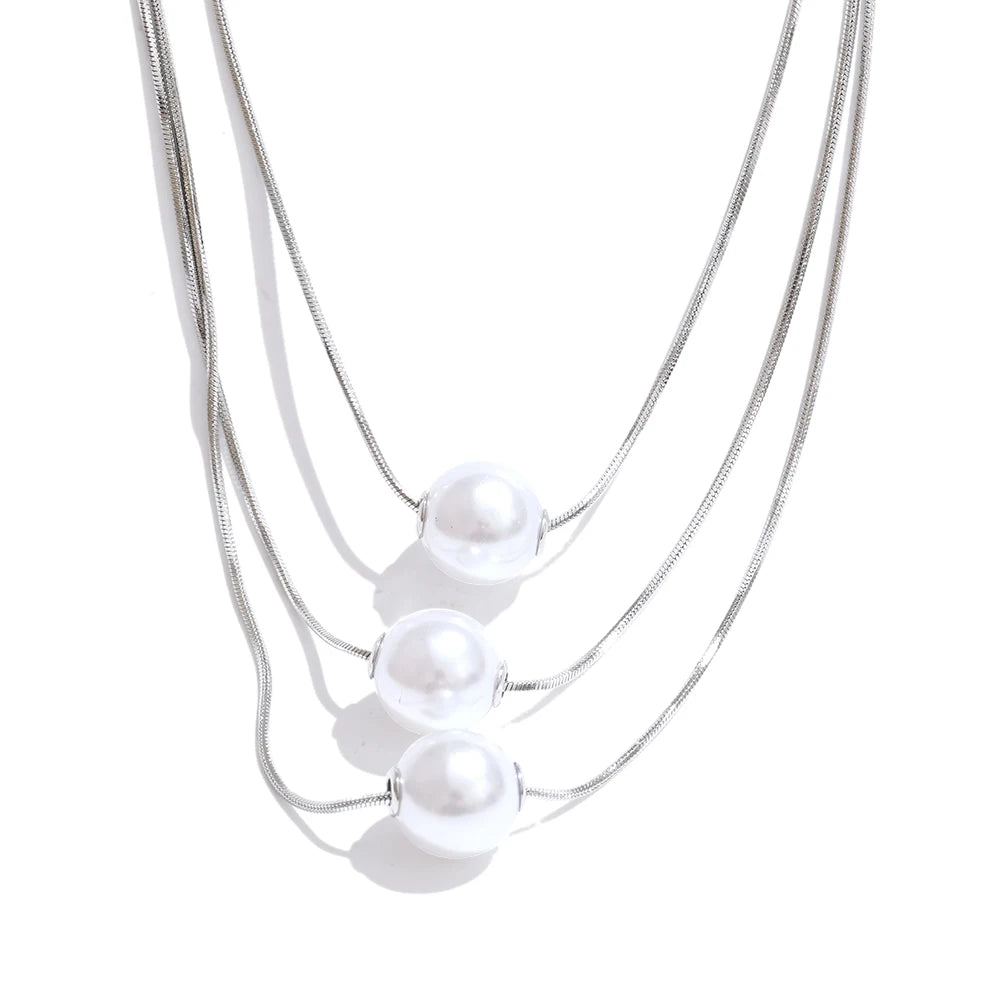 Gold Simulated Pearl 3-Layered Pendant Necklace EMVE Jewels