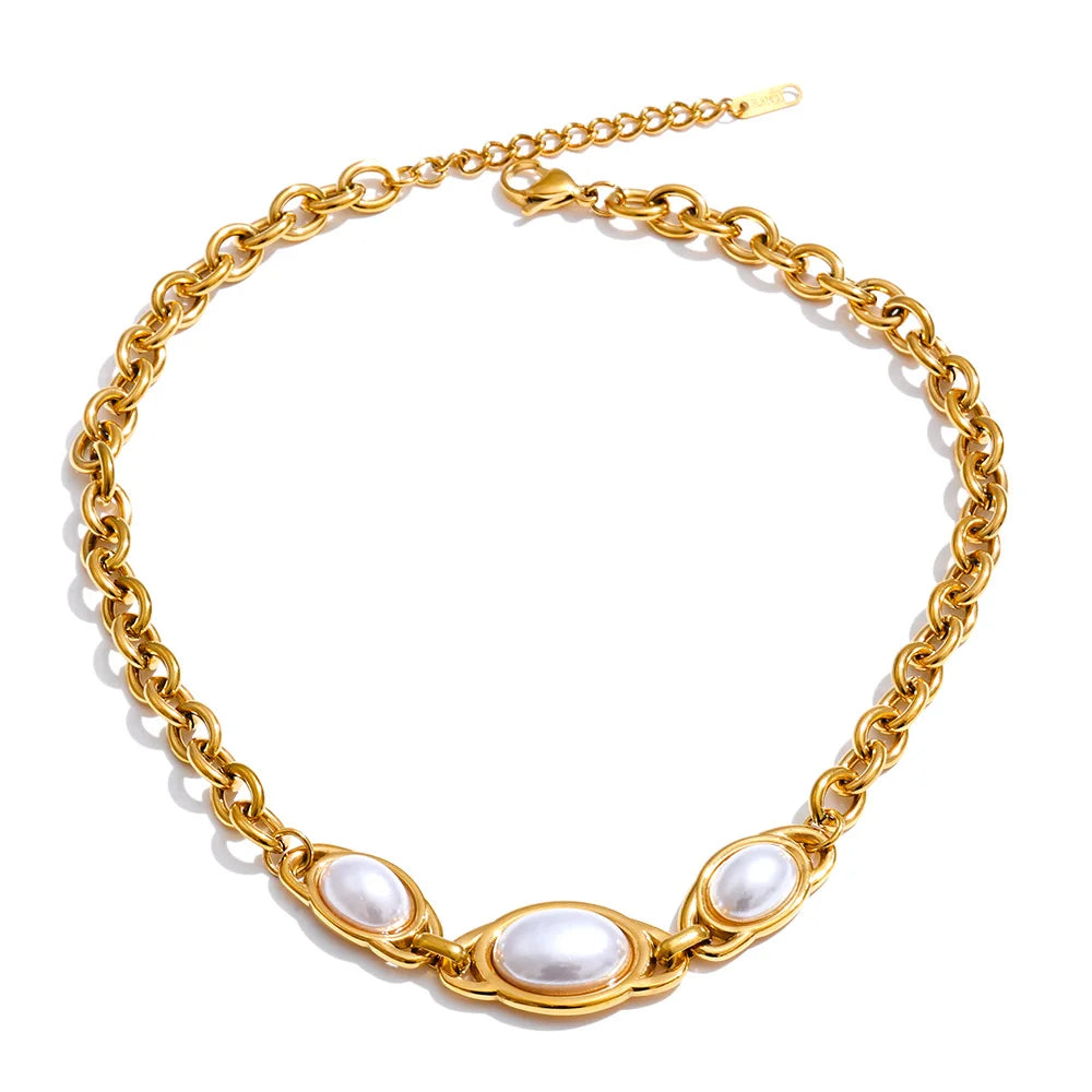 Vintage Simulated Pearls Chain Necklace and Bracelet Set EMVE Jewels