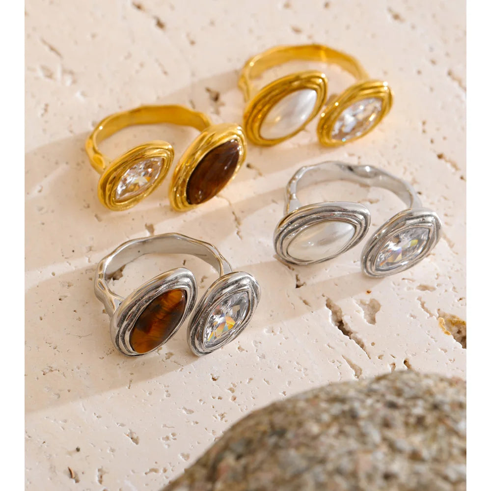 Adjustable Stainless Steel Ring with Natural Tiger Stone EMVE Jewels
