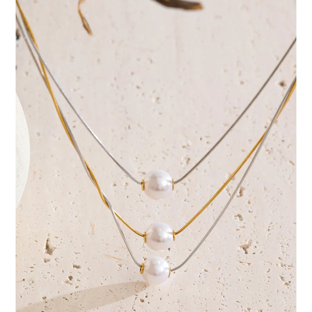 Gold Simulated Pearl 3-Layered Pendant Necklace EMVE Jewels