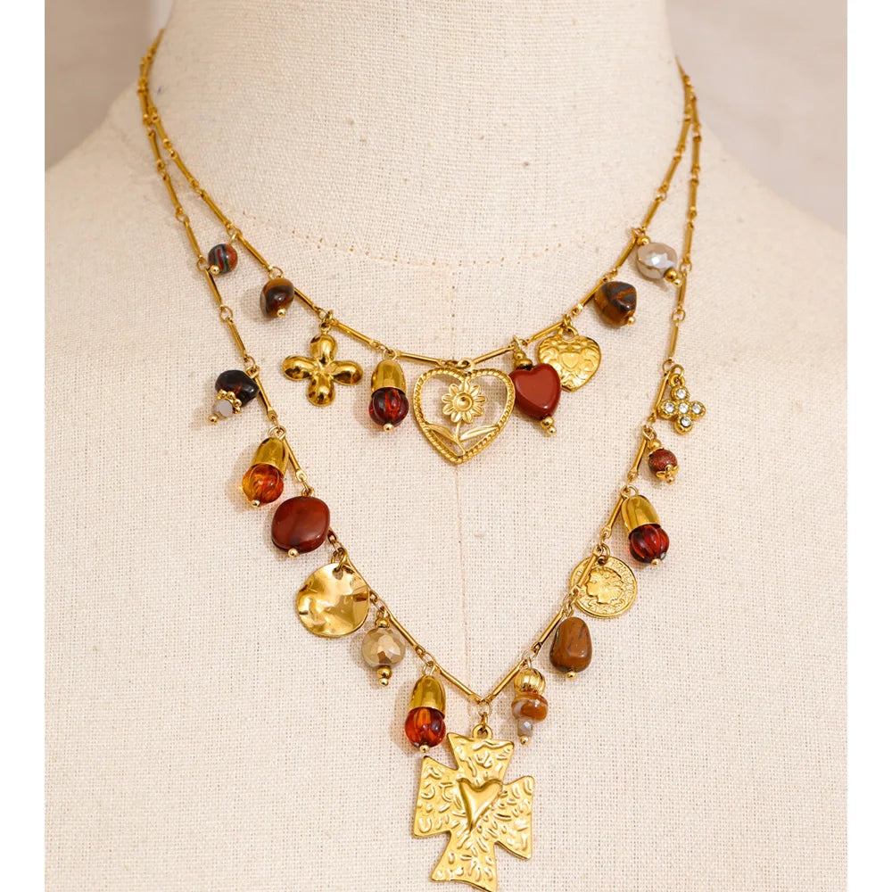 Double-Layer Heart Flower Pendant Necklace EMVE Jewels