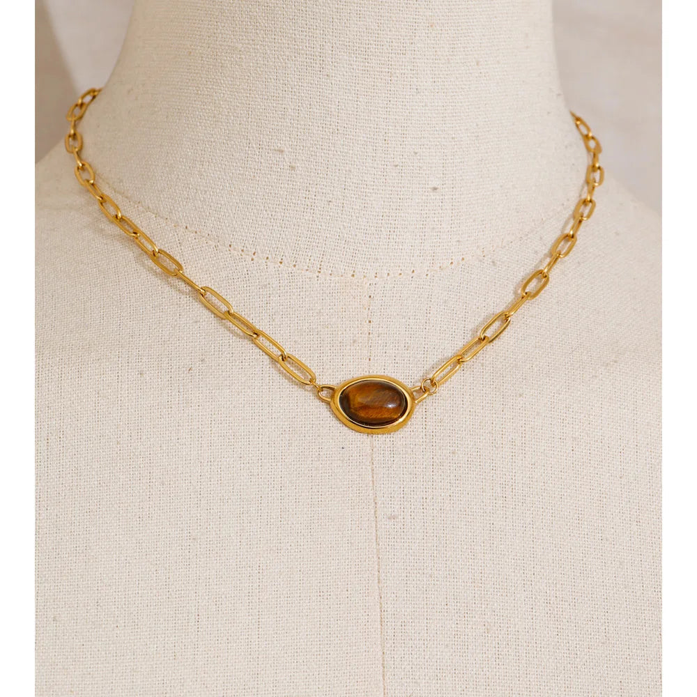 Natural Tiger Stone Imitation Pearl Pendant Necklace EMVE Jewels