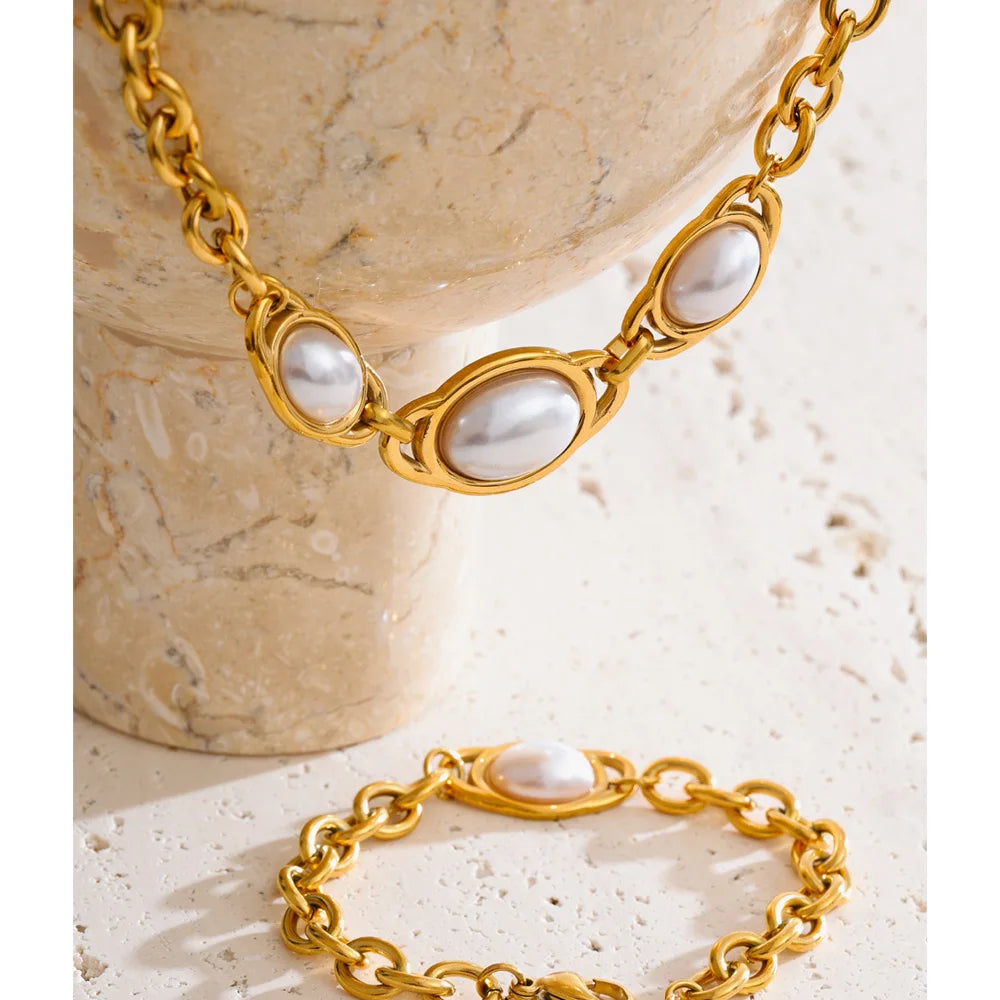 Vintage Simulated Pearls Chain Necklace and Bracelet Set EMVE Jewels