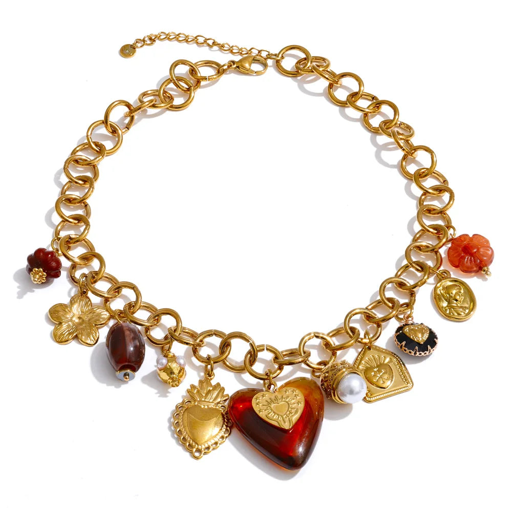 Charms Pendant Necklace with Heart and Flower EMVE Jewels