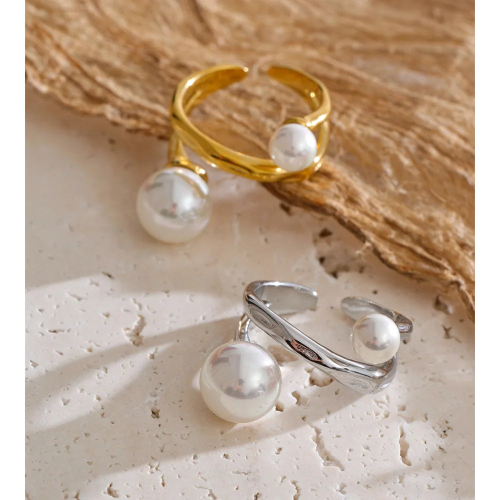 Layered Simulated Pearl Open Ring EMVE Jewels