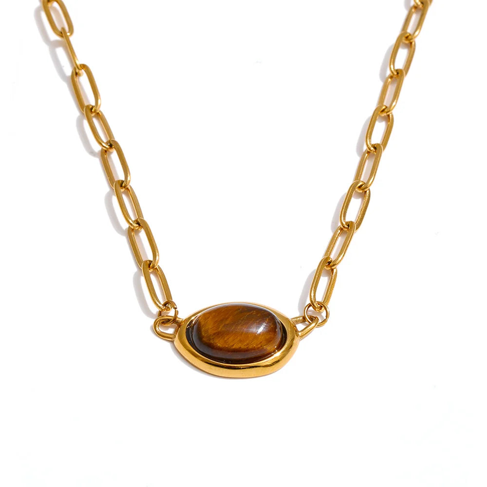 Natural Tiger Stone Imitation Pearl Pendant Necklace EMVE Jewels