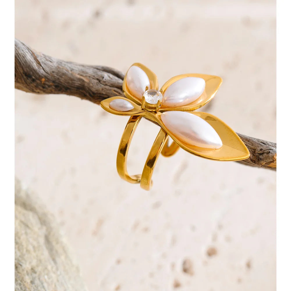 Open Flower Ring with Simulated Pearls EMVE Jewels