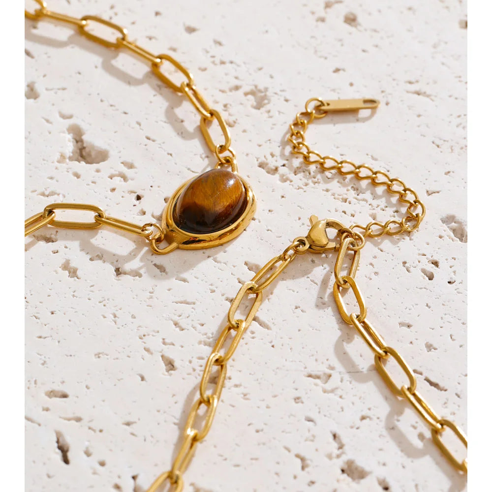 Natural Tiger Stone Imitation Pearl Pendant Necklace EMVE Jewels
