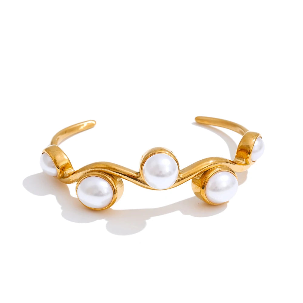 Stainless Steel Simulated Pearls Open Cuff Bracelet EMVE Jewels
