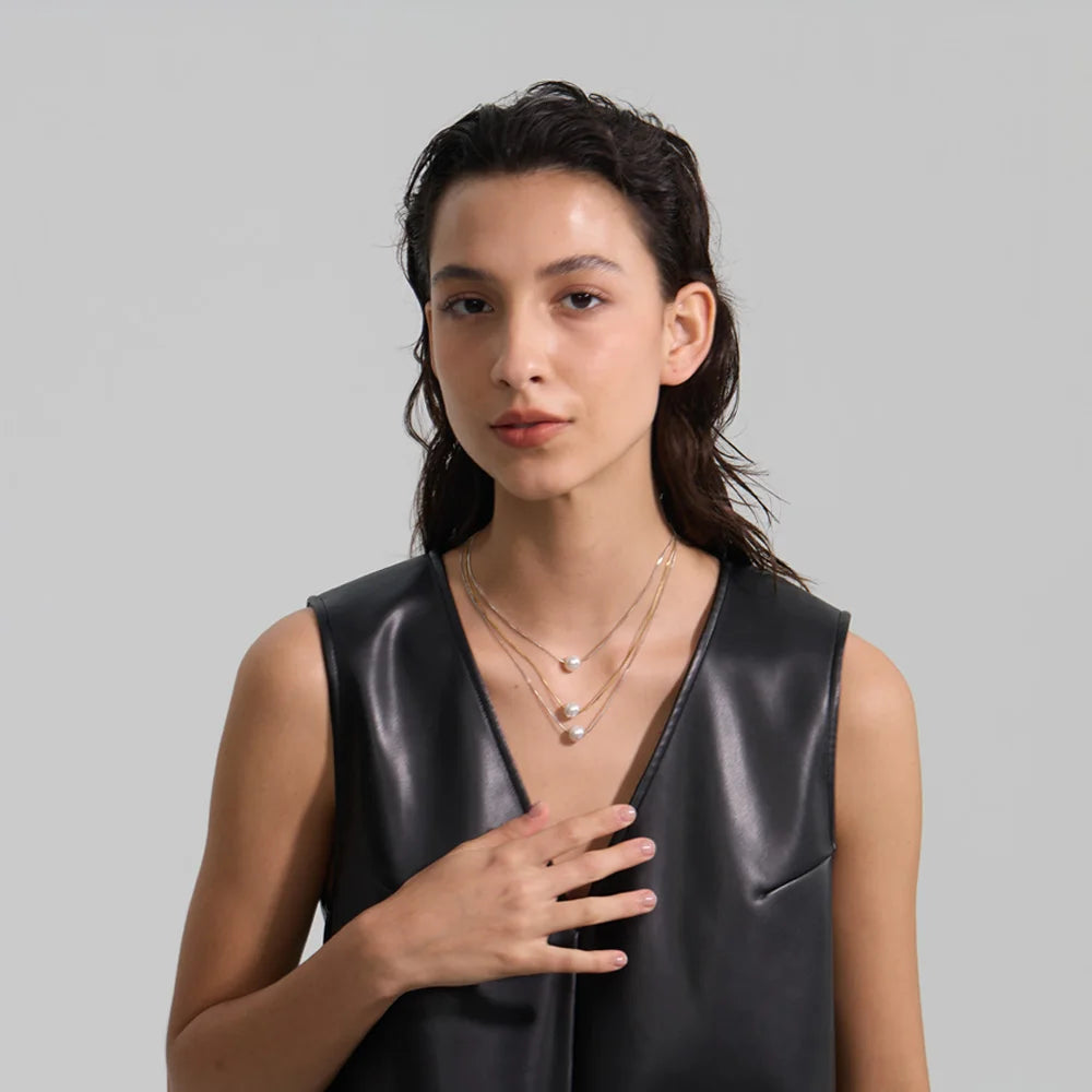 Gold Simulated Pearl 3-Layered Pendant Necklace EMVE Jewels