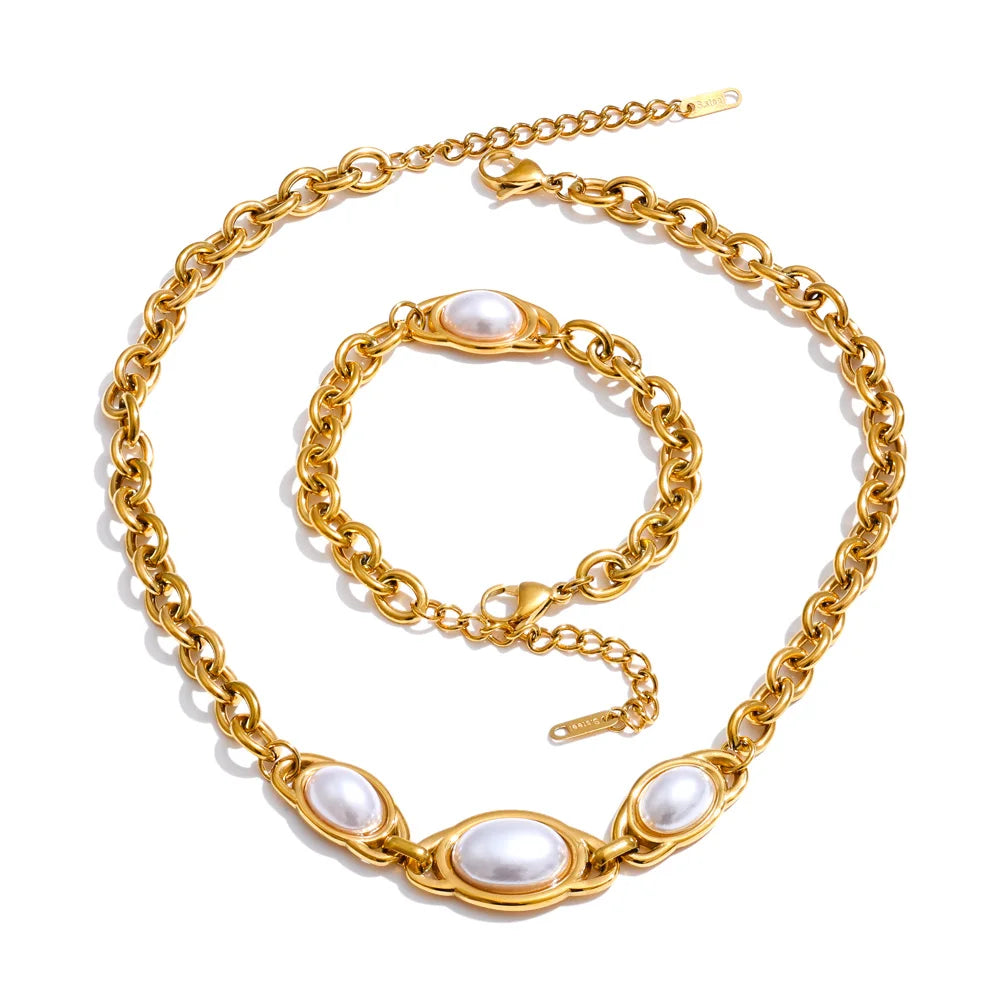 Vintage Simulated Pearls Chain Necklace and Bracelet Set EMVE Jewels