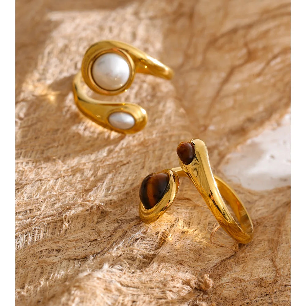 Natural Tiger Stone & Simulated Pearls Ring EMVE Jewels