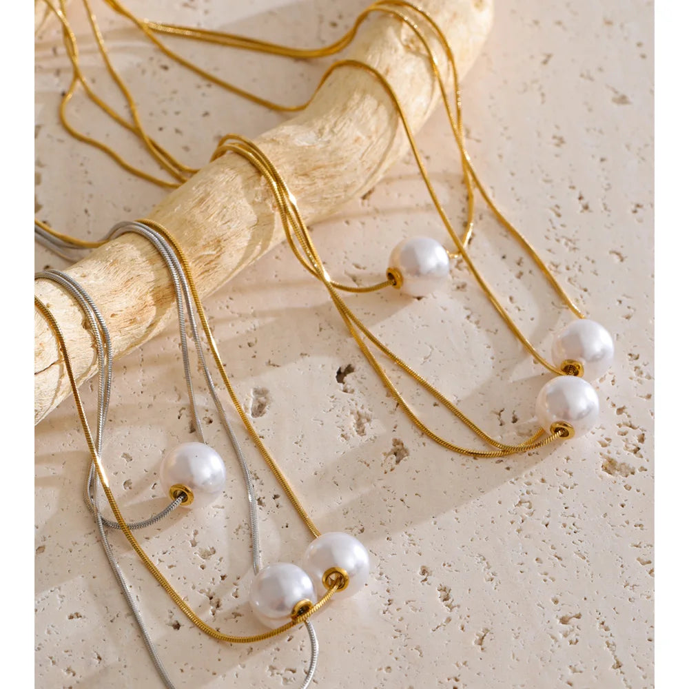 Gold Simulated Pearl 3-Layered Pendant Necklace EMVE Jewels