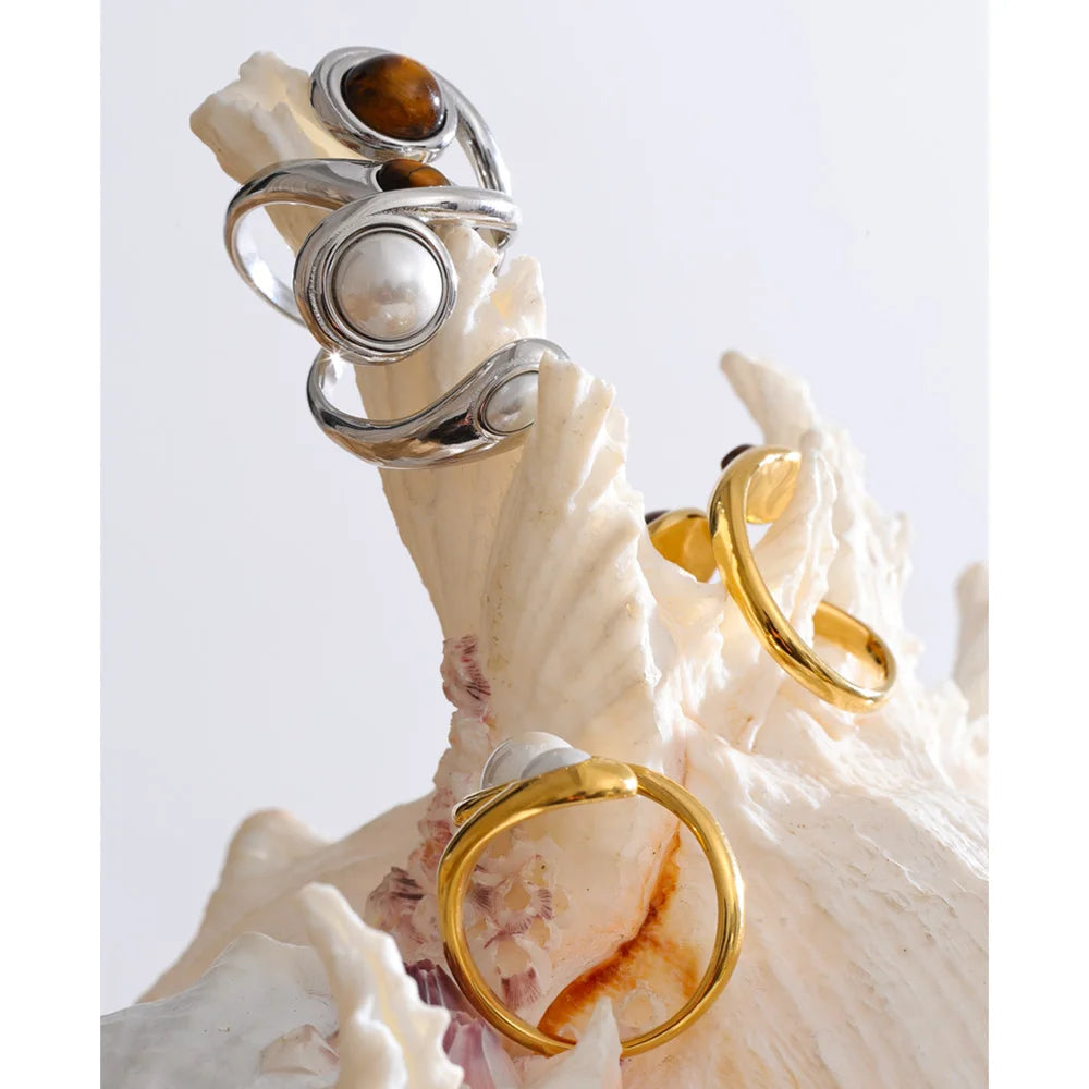 Natural Tiger Stone & Simulated Pearls Ring EMVE Jewels