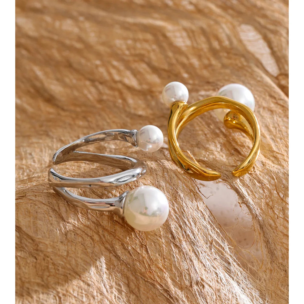 Layered Simulated Pearl Open Ring EMVE Jewels