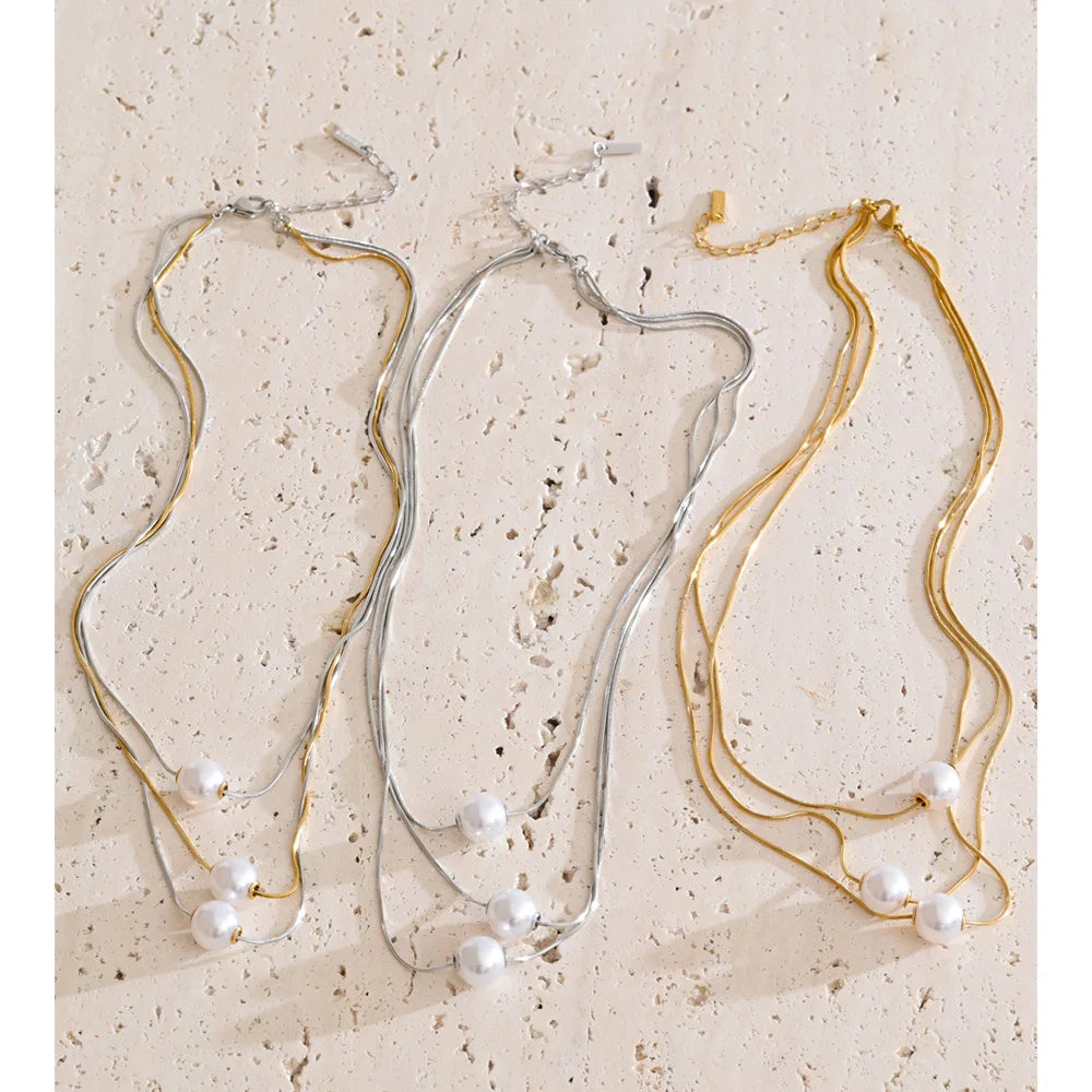 Gold Simulated Pearl 3-Layered Pendant Necklace EMVE Jewels