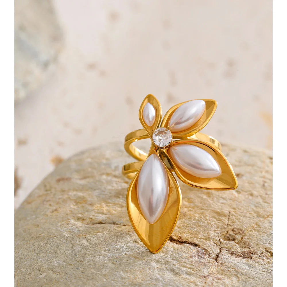 Open Flower Ring with Simulated Pearls EMVE Jewels