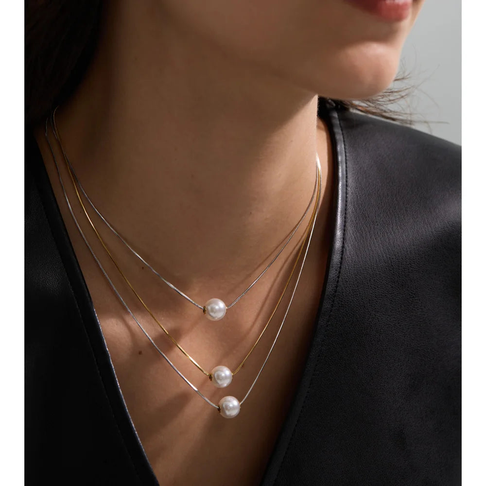 Gold Simulated Pearl 3-Layered Pendant Necklace EMVE Jewels