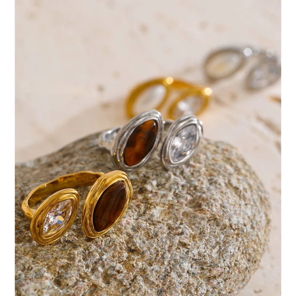 Adjustable Stainless Steel Ring with Natural Tiger Stone EMVE Jewels