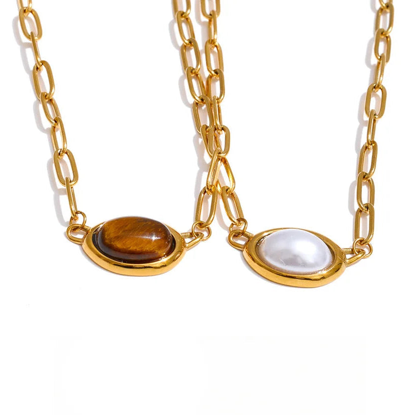 Natural Tiger Stone Imitation Pearl Pendant Necklace EMVE Jewels