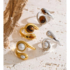 Natural Tiger Stone & Simulated Pearls Ring EMVE Jewels