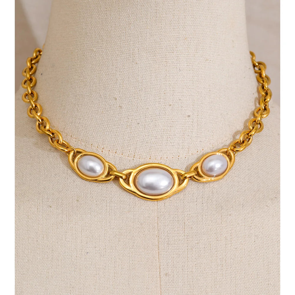 Vintage Simulated Pearls Chain Necklace and Bracelet Set EMVE Jewels