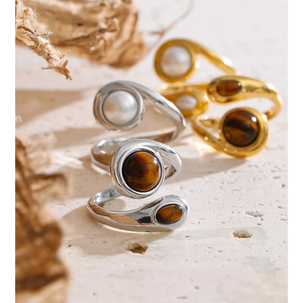 Natural Tiger Stone & Simulated Pearls Ring EMVE Jewels