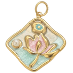 Gold pendant with a pink flower design on a white background