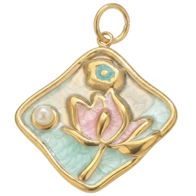 Gold pendant with a pink flower design on a white background