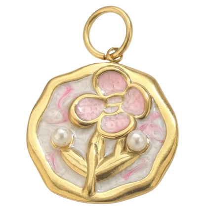 Gold pendant with pink floral design and pearls on a white background