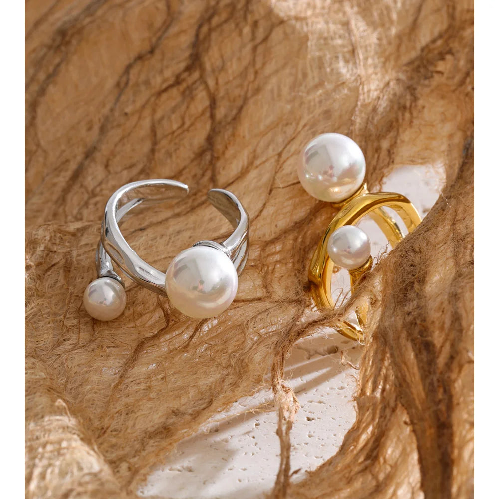Layered Simulated Pearl Open Ring EMVE Jewels