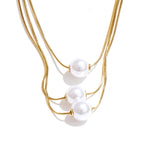 Gold Simulated Pearl 3-Layered Pendant Necklace EMVE Jewels