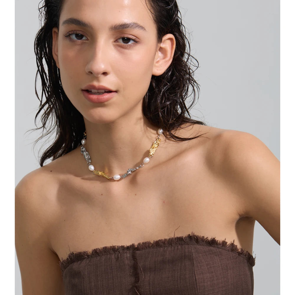 Lava Effect Vintage Necklace with Natural Pearls EMVE Jewels