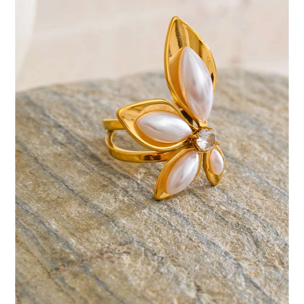 Open Flower Ring with Simulated Pearls EMVE Jewels