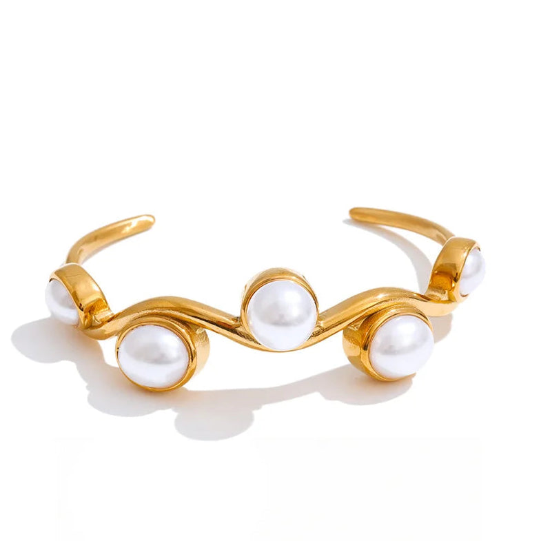 Stainless Steel Simulated Pearls Open Cuff Bracelet EMVE Jewels