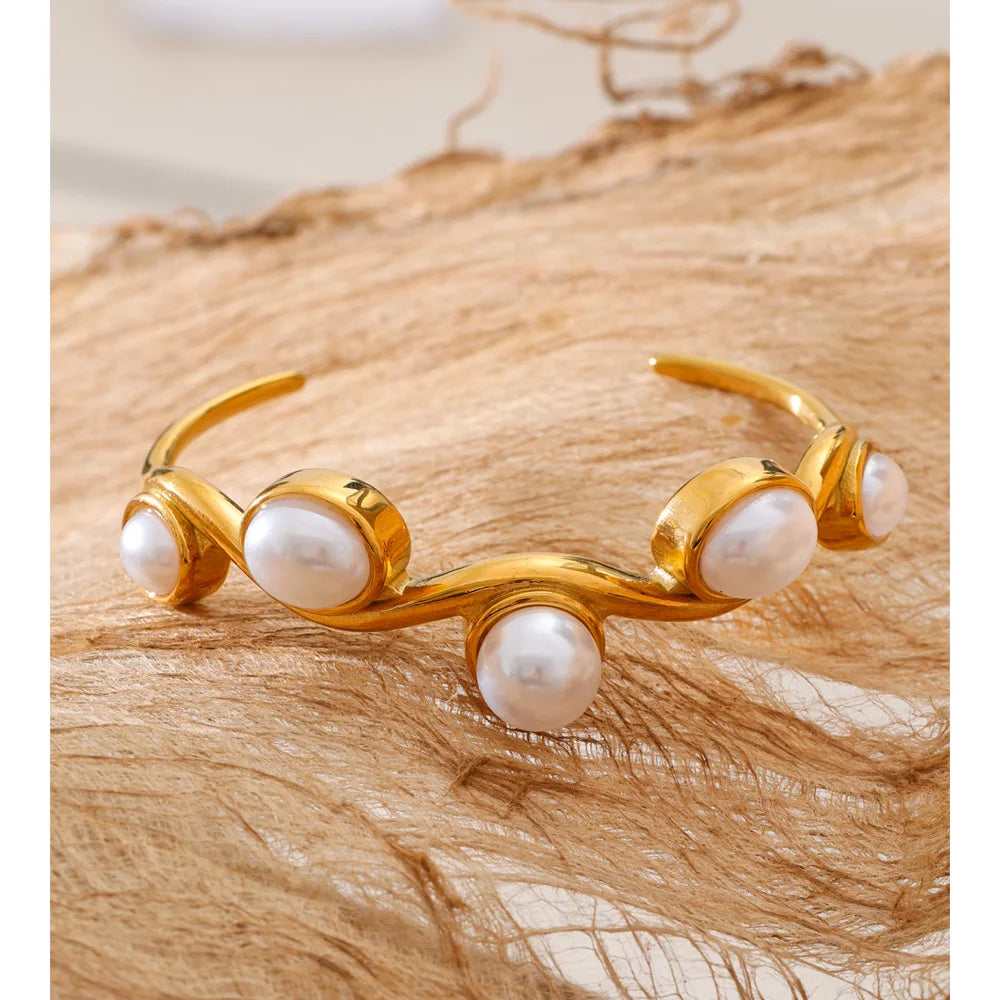 Stainless Steel Simulated Pearls Open Cuff Bracelet EMVE Jewels