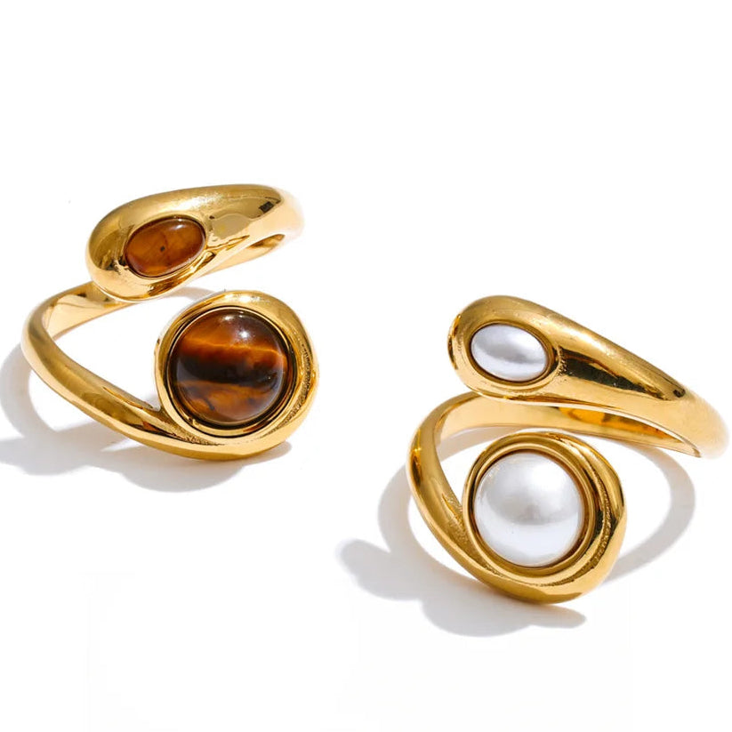 Natural Tiger Stone & Simulated Pearls Ring EMVE Jewels