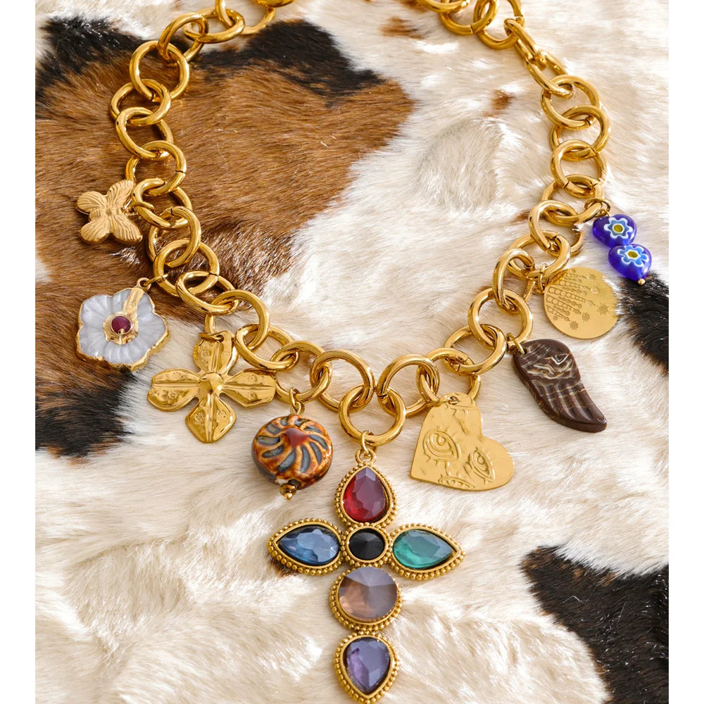 Stainless Steel Cross Flower Heart Pendant Necklace EMVE Jewels