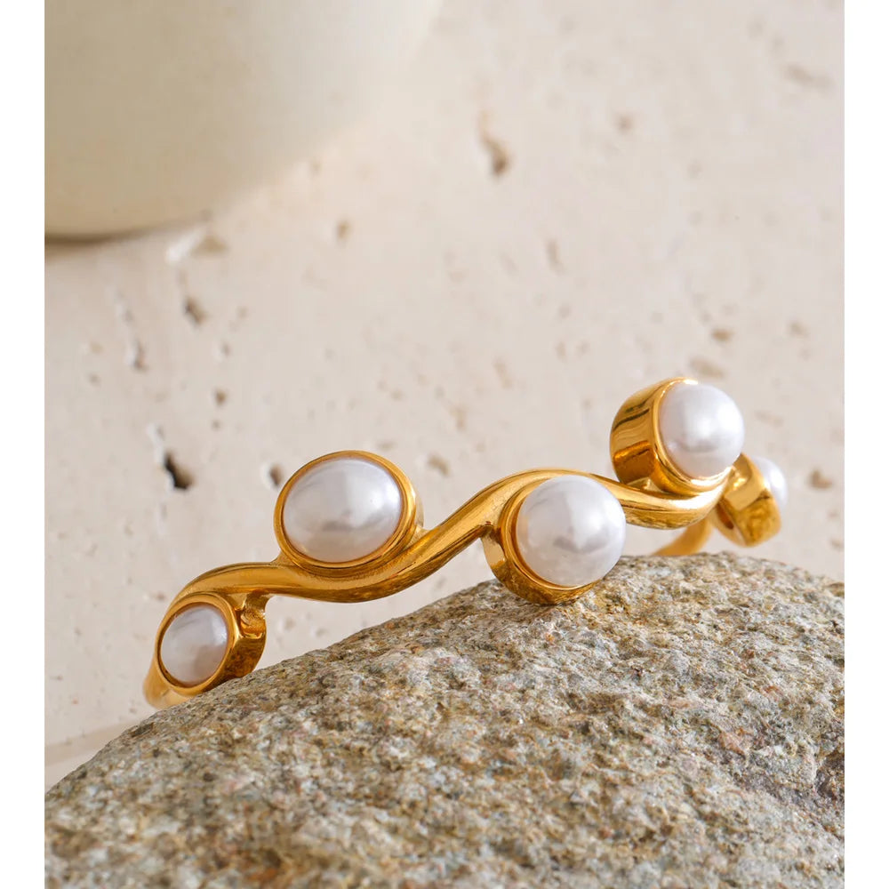 Stainless Steel Simulated Pearls Open Cuff Bracelet EMVE Jewels